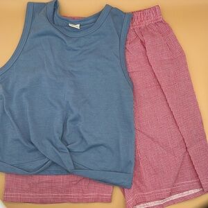 Two piece shirt pants set, size 120, blue tank red pants.